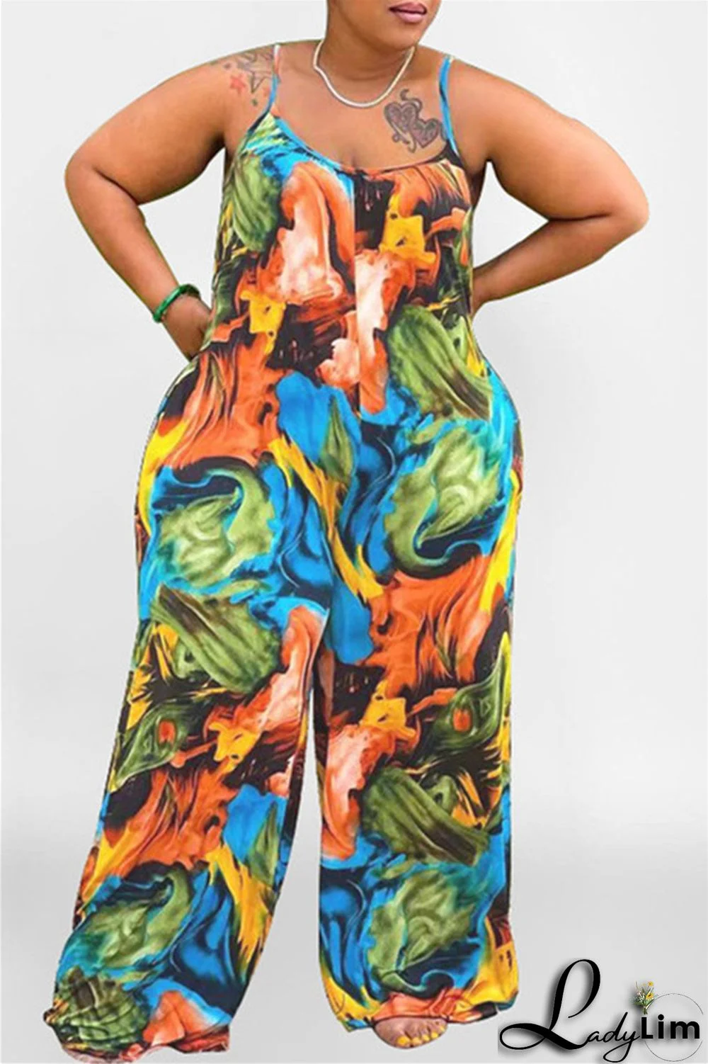 Coffee Sexy Casual Print Backless Spaghetti Strap Plus Size Jumpsuits
