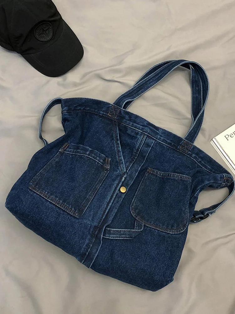 Casual Plain Large Capacity Denim Zipper Shoulder Bag