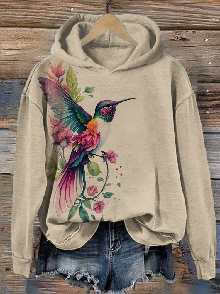 Comstylish Elegant Hummingbird Floral Art Cozy Hoodie