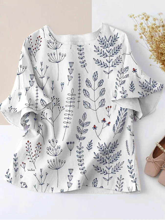 Women's Retro Floral Print Casual Comfort Ruffle Top 