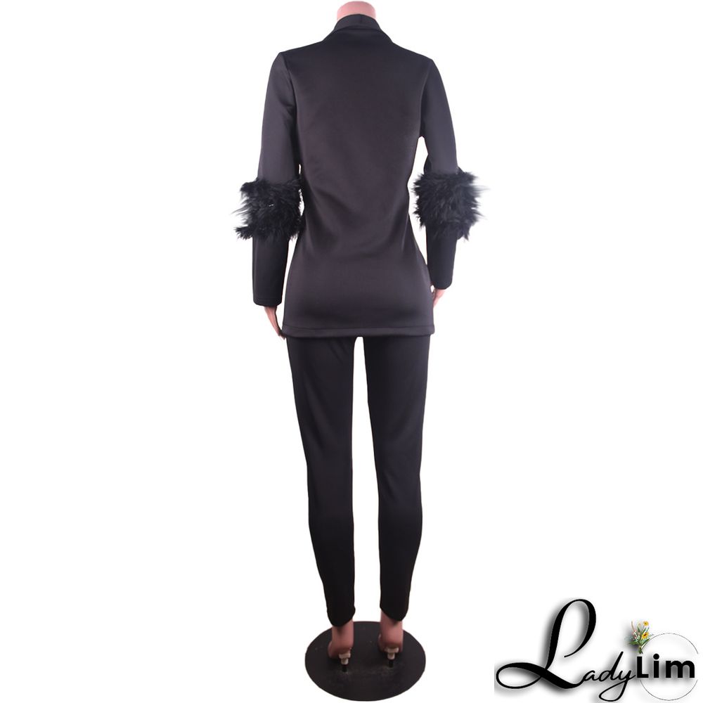 Fall Women Feather Blazer and Pant Two Piece