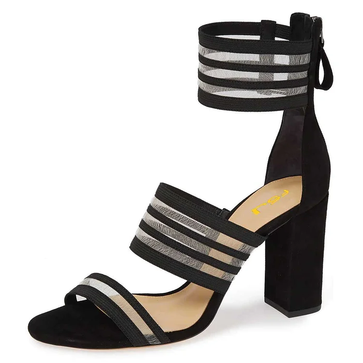 Black Mesh Ankle Strap Chunky Heel Sandals |FSJ Shoes