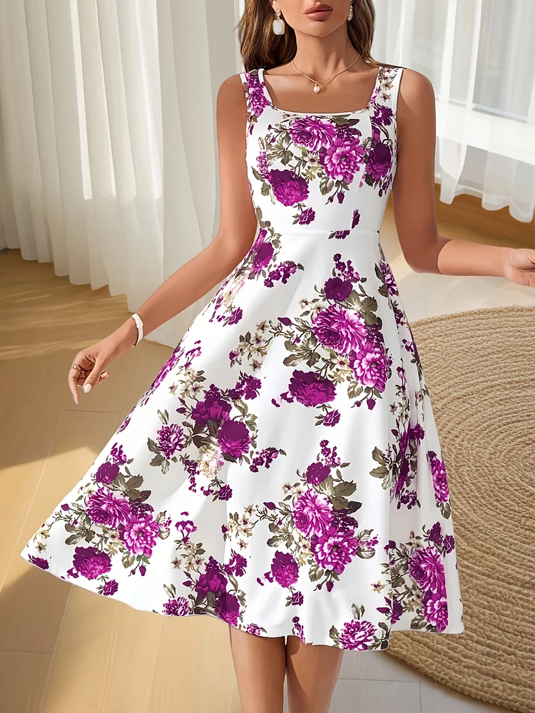 Elegant Women's Sleeveless Floral Print Midi Dress In Lavender With Square Neckline And A-Line Silhouette - Perfect For Spring/Summer, Floral Print Dress