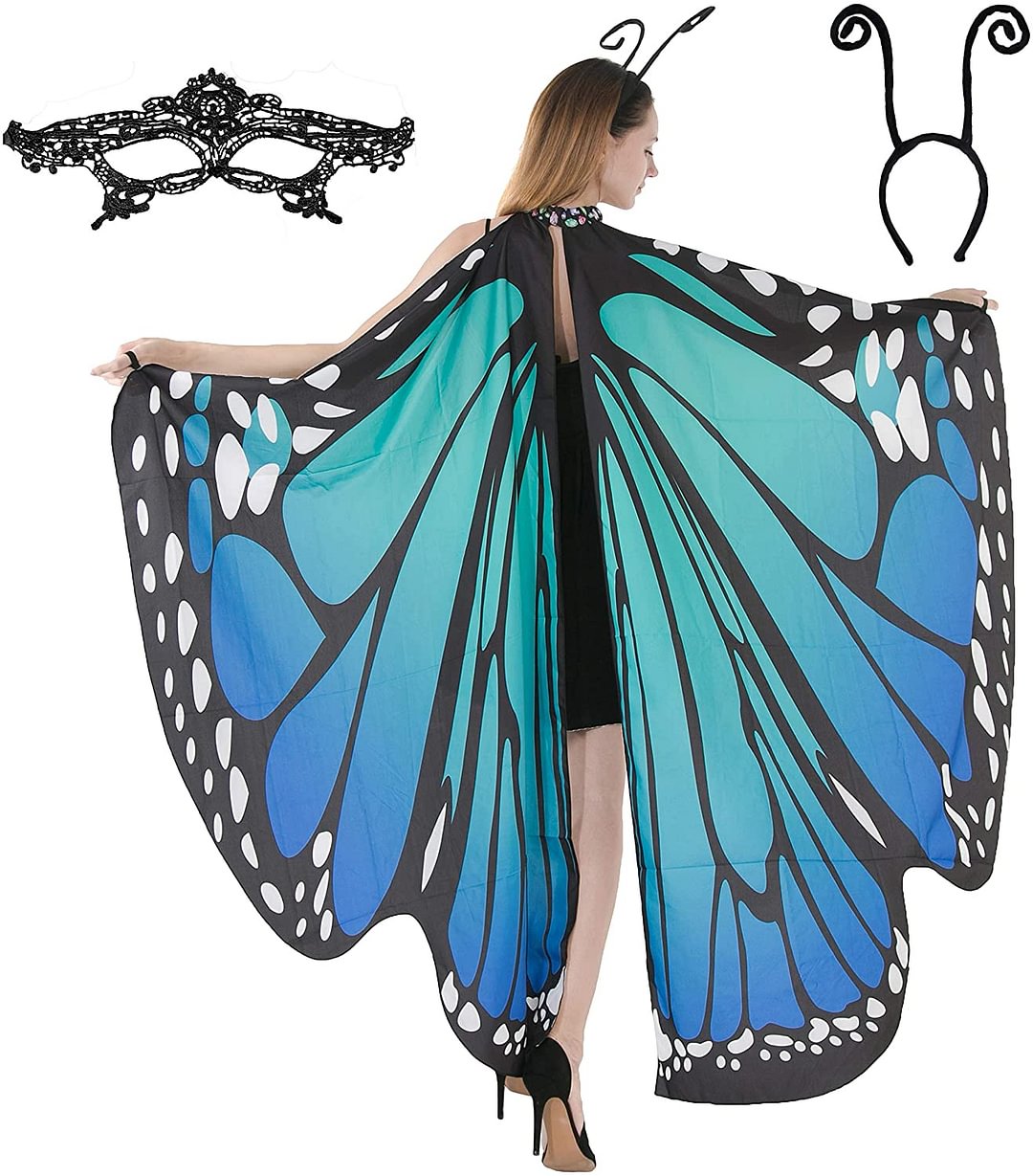 Butterfly Wing Cape Shawl Halloween Costume Accessory  | Lace Mask and Black Velvet Antenna Headband