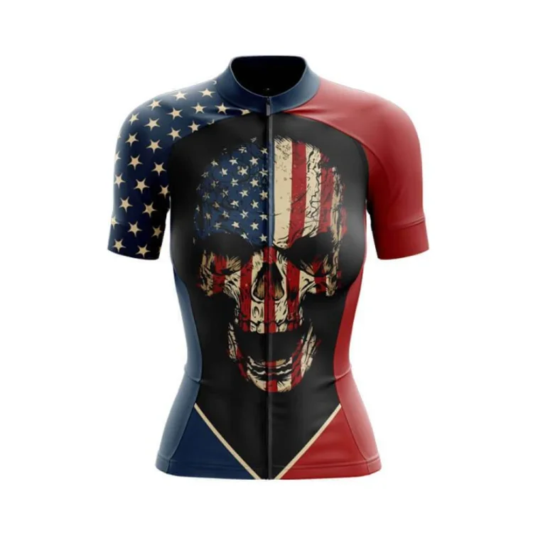USA Flag Skull Women's Short Sleeve Cycling Jersey