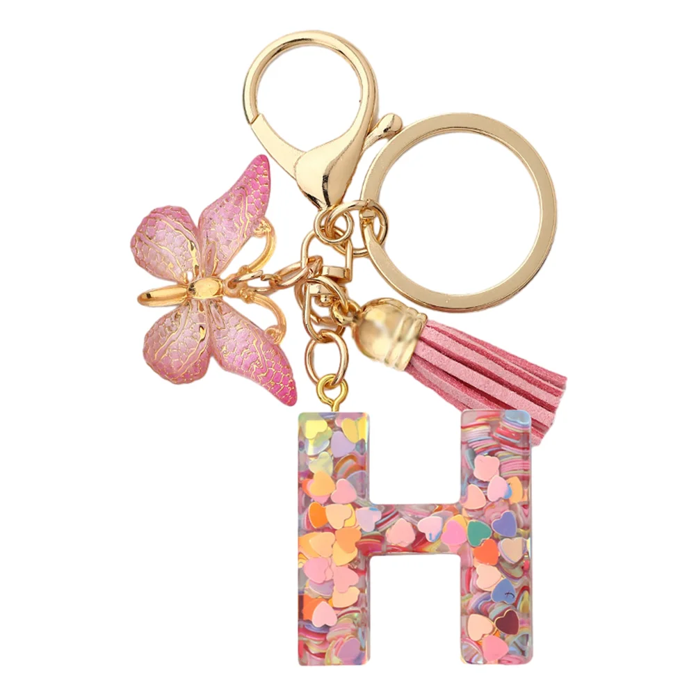 Resin Initial Letter Keychains Alphabet Letter Keychain Pink Tassel Butterfly Key Ring