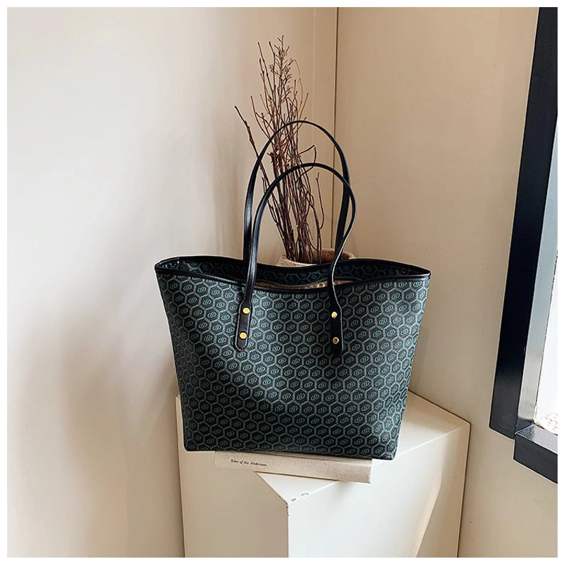 Women’s Large Pu Leather Color Block Preppy Style Classic Style Square Zipper Tote Bag