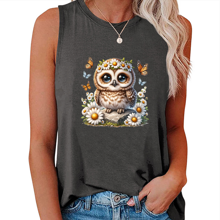 AL™ Owl Print Crew Neck Sleeveless Tank Top-xn0625-6-Annaletters