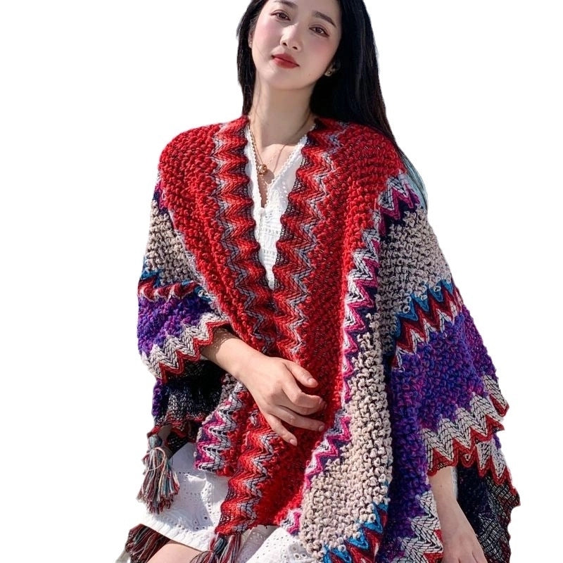 Yunnan Lijiang Travel Outside Knitted Shawl Ethnic Style Vintage Cape Cloak Tassel Scarf For Vacation Wear