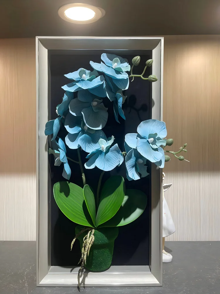 Blue Phalaenopsis Realistic Framed Flower Art (23*45cm) - 3D Artificial Flower Decoration for Living Room & Entryway