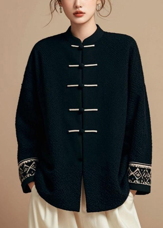 VCSHOES Loose Black Stand Collar Button Solid Cotton Fall Coat