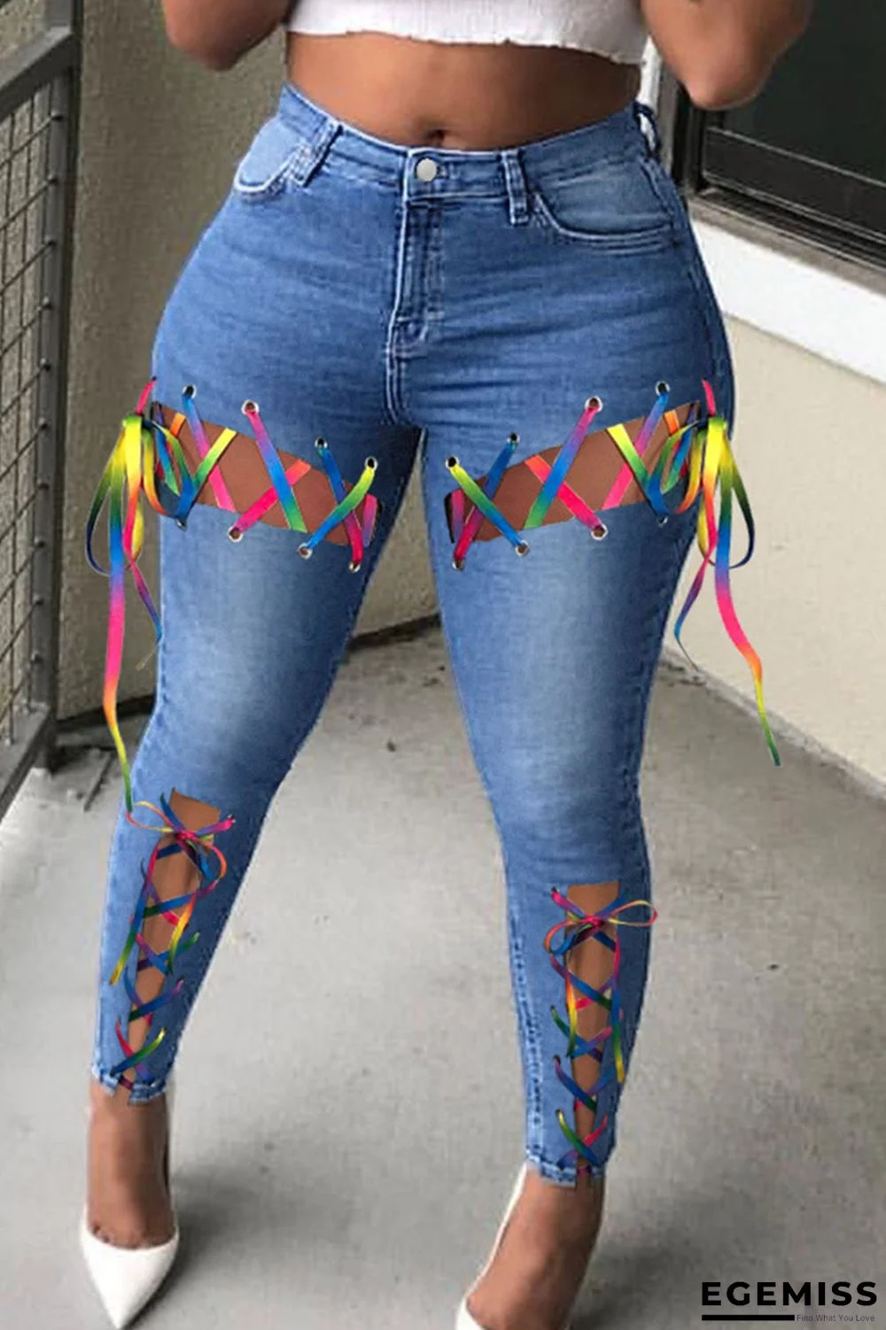 Medium Blue Fashion Casual Solid Bandage High Waist Skinny Denim Jeans | EGEMISS