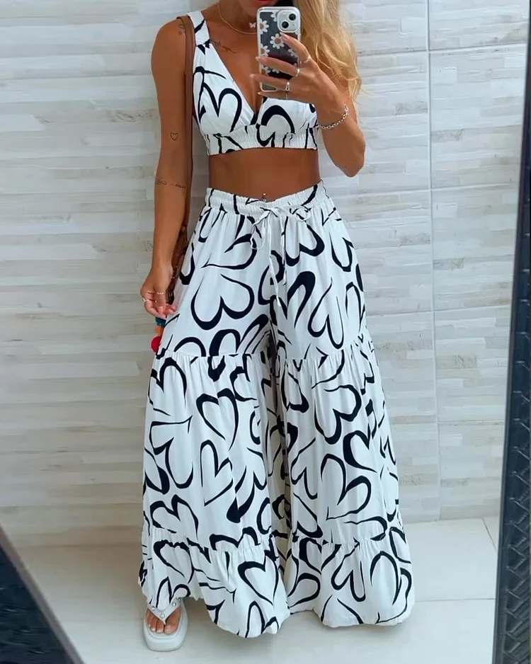 Sleeveless printed loose two-piece set