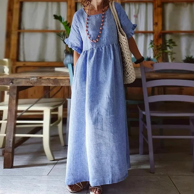 Simpfit Einfarbiges Midikleid aus Baumwolle und Leinen mit Spitze für Damen
