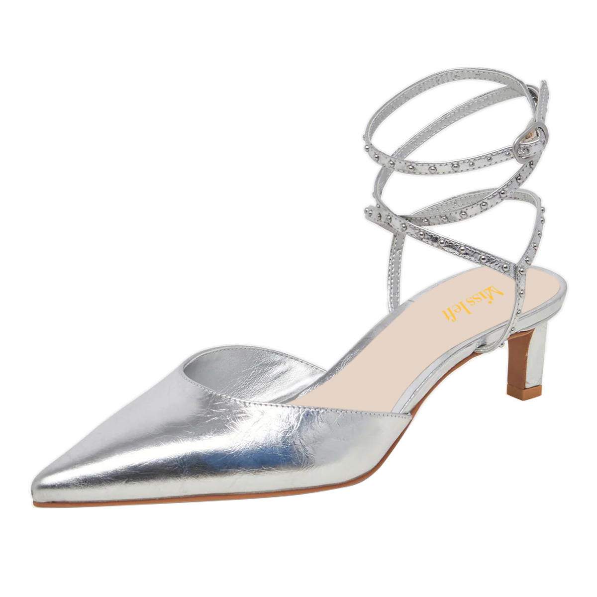 Studded Buckle Ankle Strappy Pointed Toe Kitten Heel Silver Sandals Nicepairs