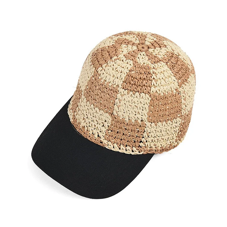 Spring And SummerOutdoor Leisure Sun Hats Hand Crochet Paper Grass Checkerboard Baseball Female Sunscreen Cap