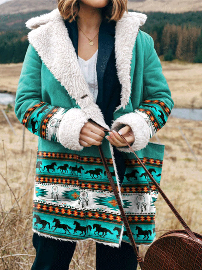 Vintage Print Lapel Long Sleeve Plush Coat