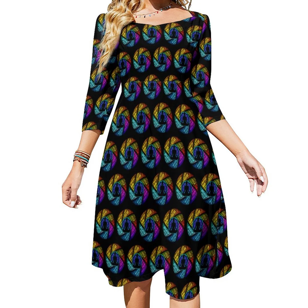 Yoga Meditation Word Art Dress Sweetheart Tie Back Flared 3/4 Sleeve Midi Dresses