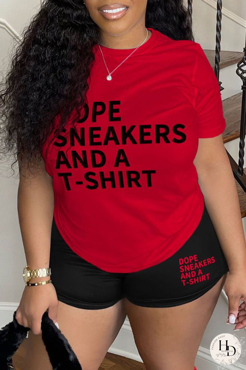 Red Casual Letter Print Basic O Neck Short Sleeve Two Pieces