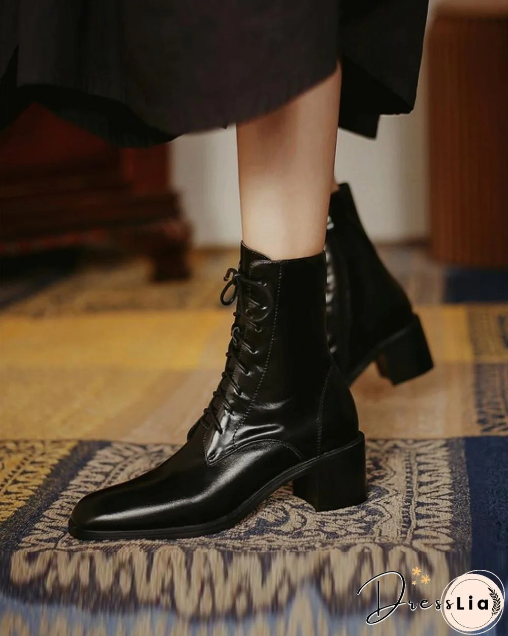 Pointed-toe Solid Color Lace-up Martin Boots