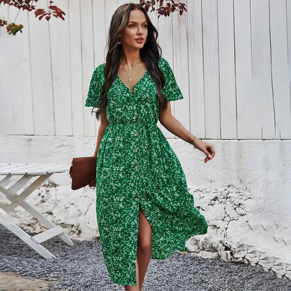 Vintage Maxi Dress Women Floral Print Summer Beach Dress Casual l High Waist Button Bohemian Long Dress Ladies Holiday Vestidos