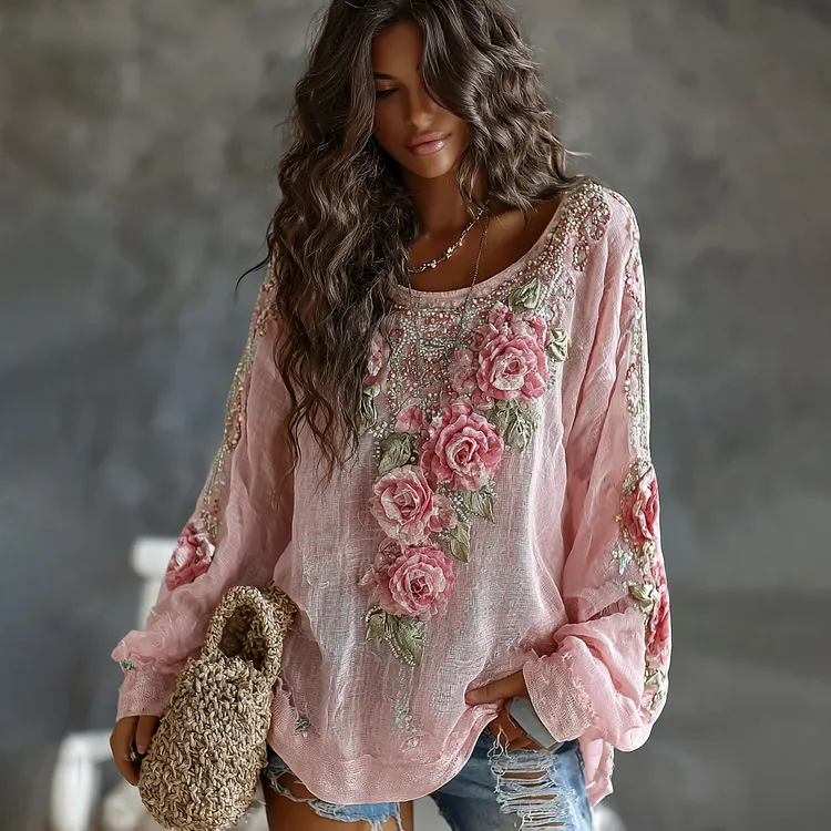 Women's Floral Embroidered Art Print Flowy Linen Blend Casual Tops