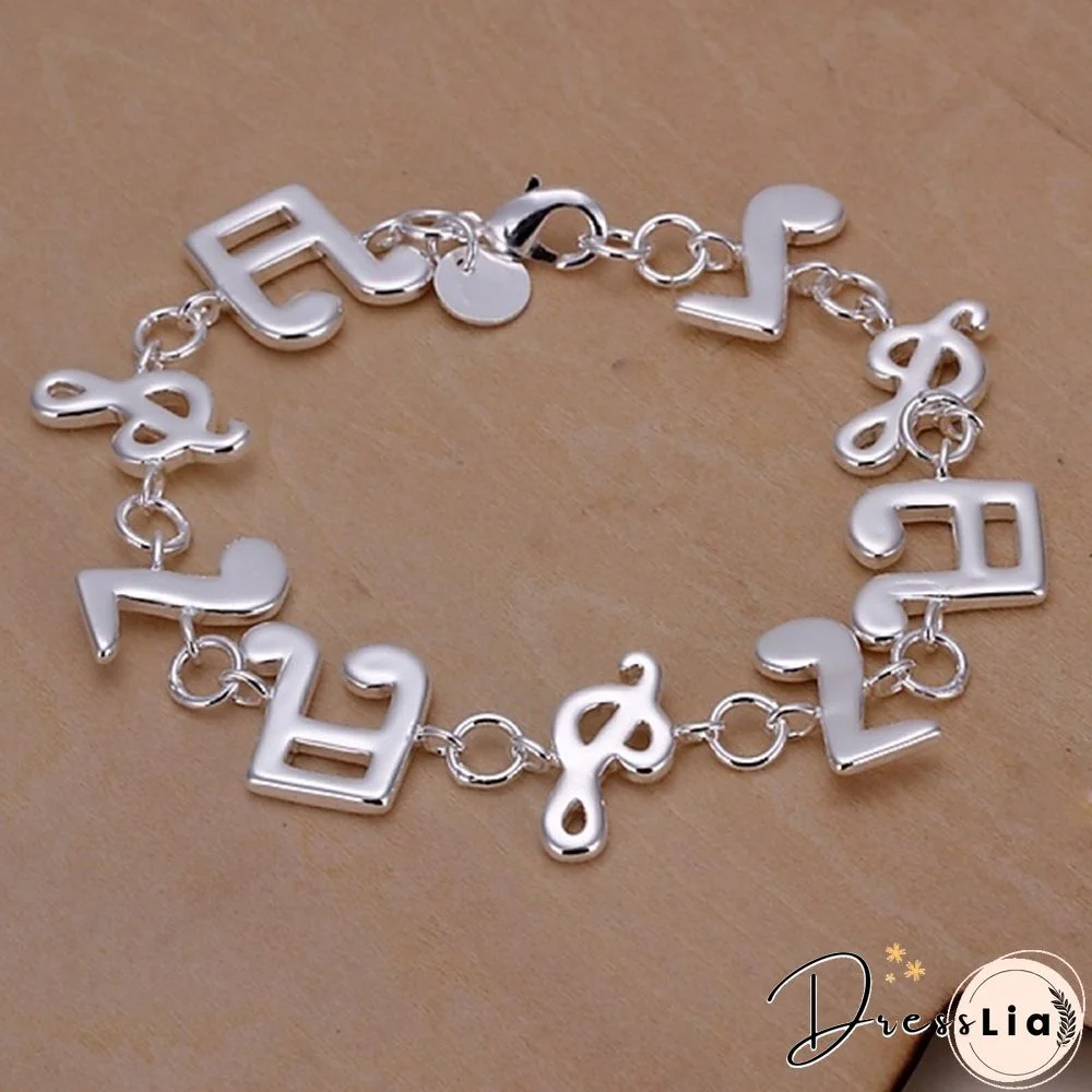 New Women 925 Sterling Silver Plated Charm Cute Music Note Chain Bracelet Bangle