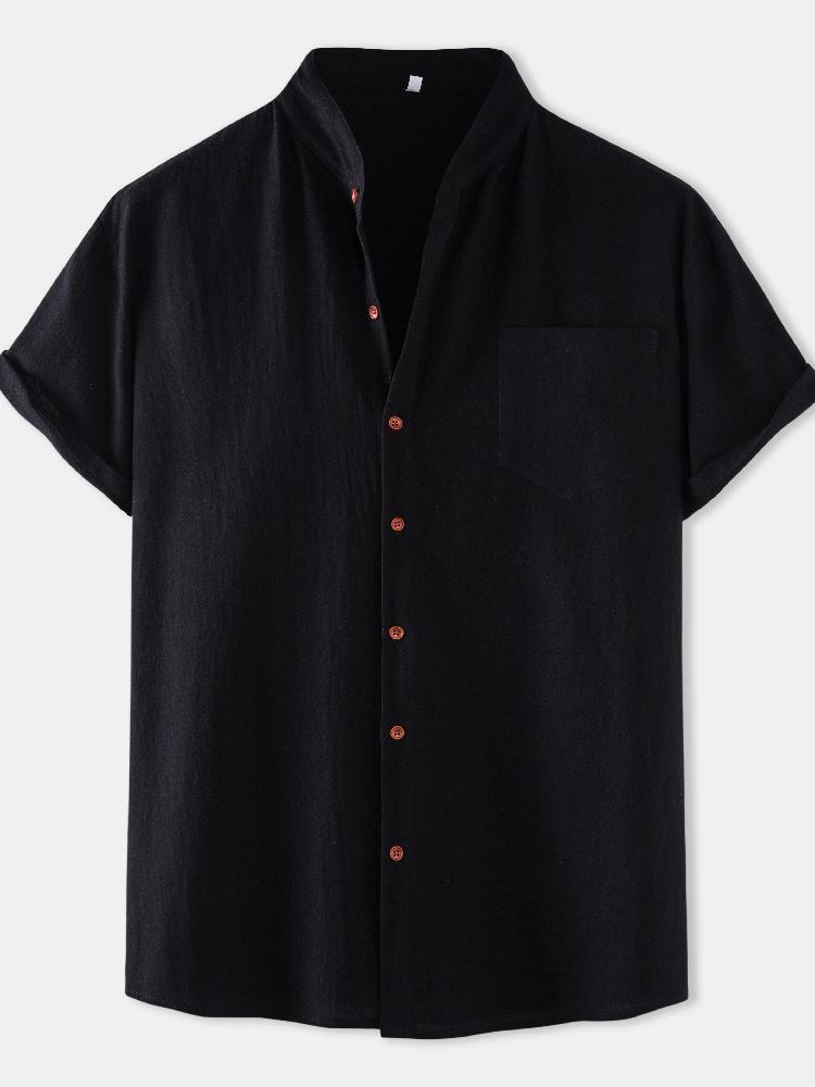 Men'S Cotton And Linen Thin Section Loose Pure Color Leisure Shirt PLUSCLOTHESMAN