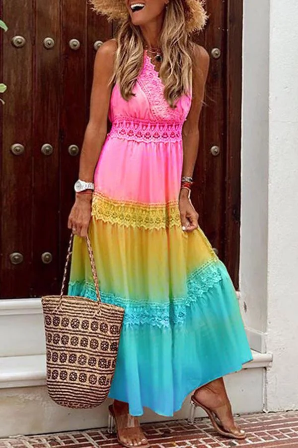 Womens V-neck Sleeveless Gradation Loose Dress-Allyzone-Allyzone