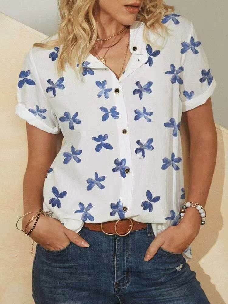 Women Stand Collar Button Short Sleeve Floral Print Blouse P1840428