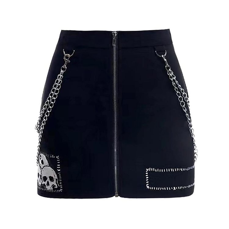 Skull Cross Print Chain Decor Zipper Skirt - Modakawa modakawa