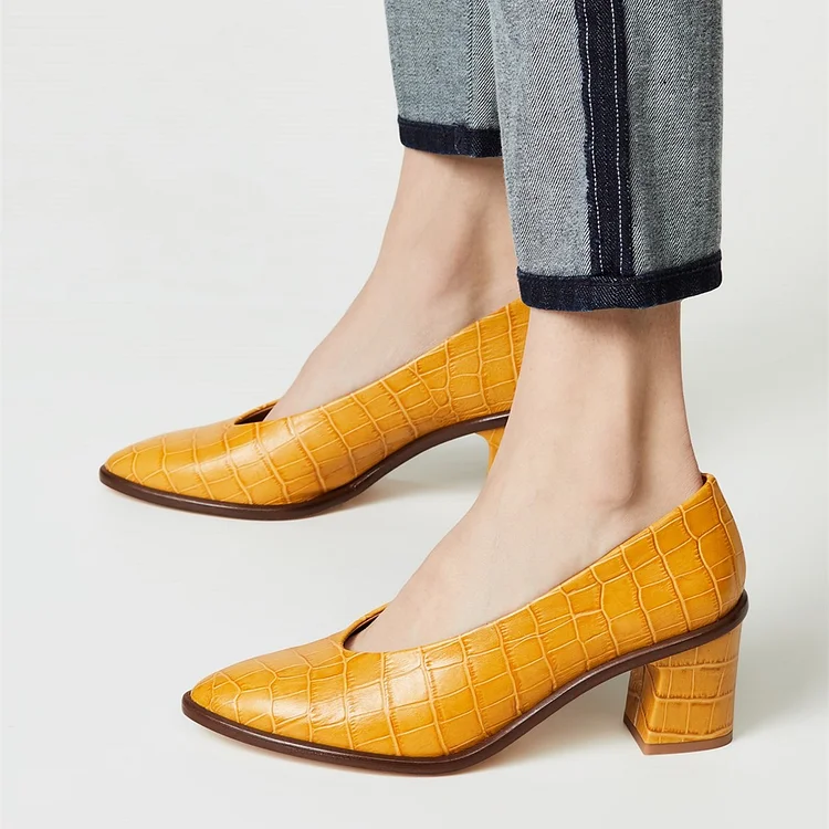 Mustard Bamboo Grain Almond Toe Chunky Heels Pumps for Women |FSJ Shoes