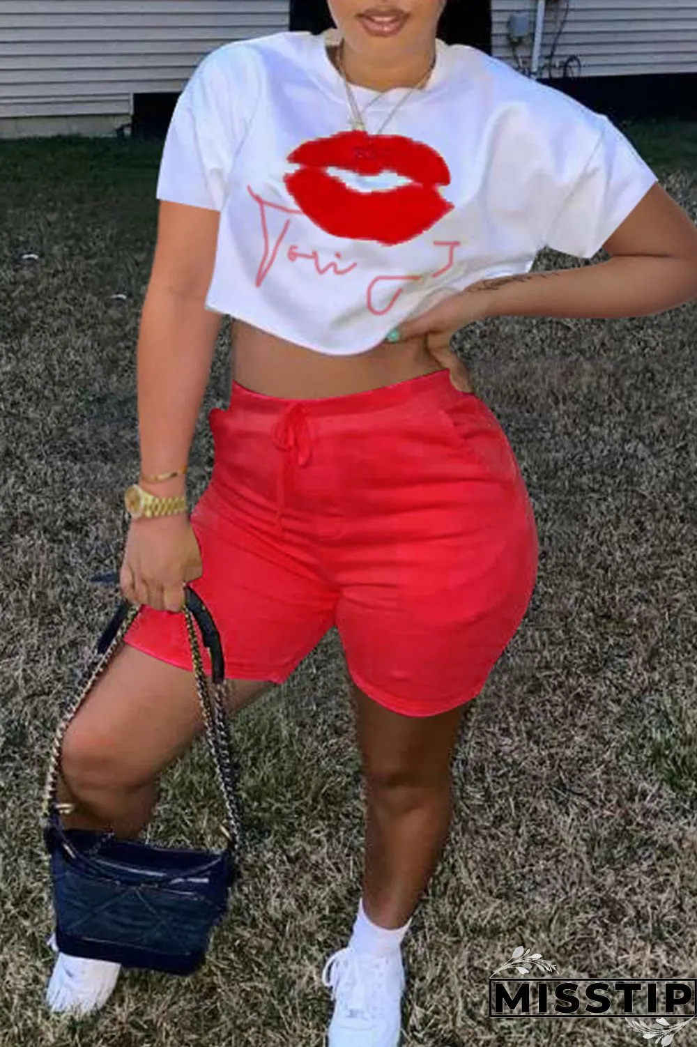 Yellow Fashion Casual Letter Lips Printed Basic O Neck Short Sleeve Two Pieces