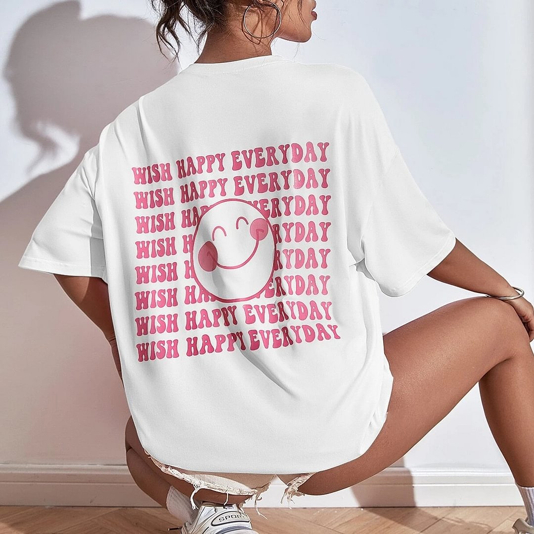 Women's Wish Happy Everyday Smiley Cotton Oversized T-Shirt
