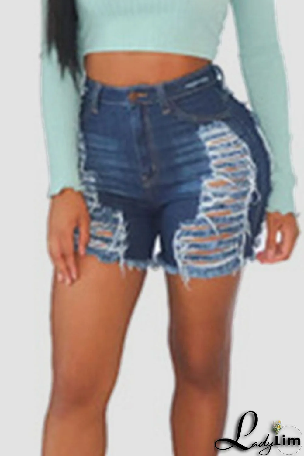 Deep Blue Sexy Street Solid Ripped Make Old Patchwork High Waist Denim Shorts