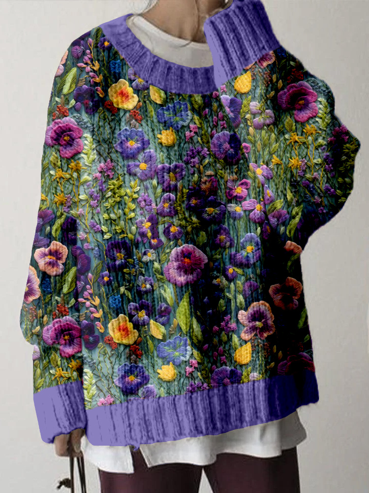 Comstylish Violet Wildflower Embroidery Art Cozy Sweater