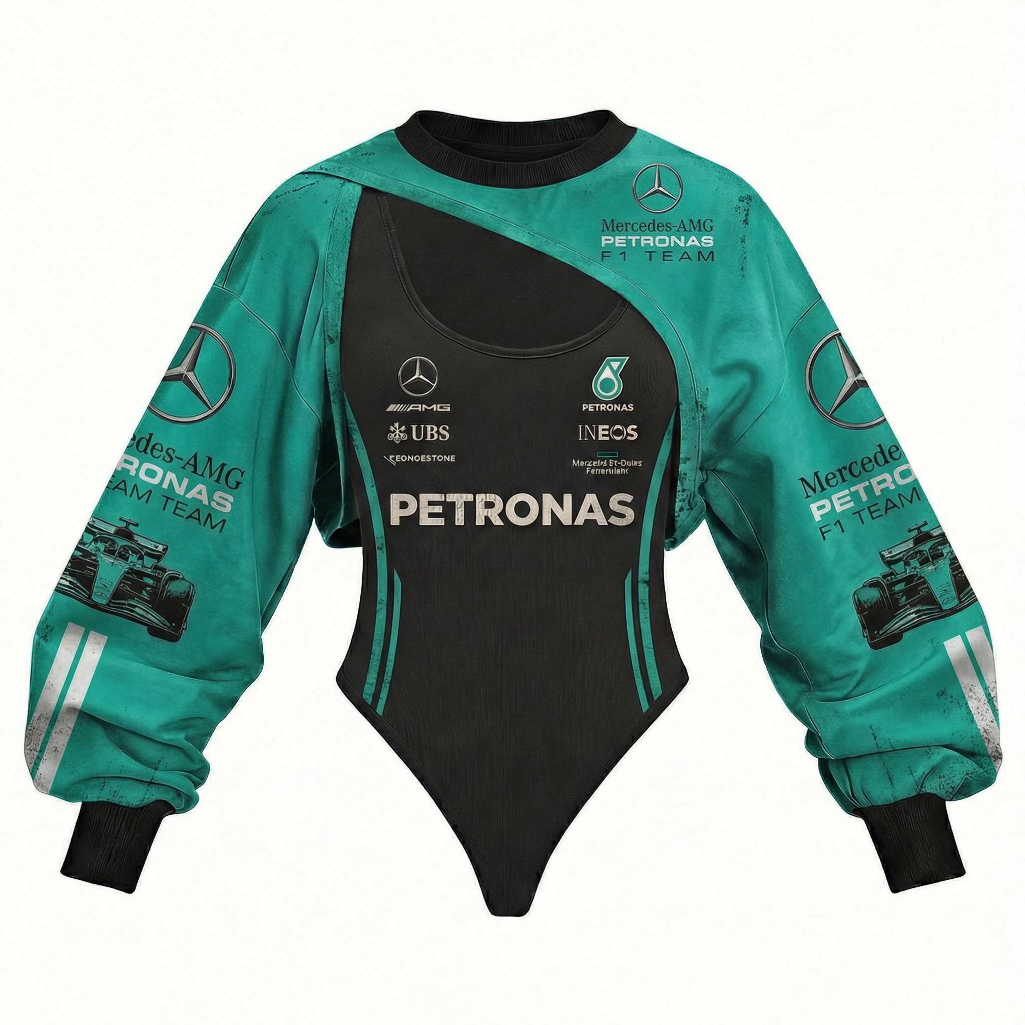 Women's Racing Team Logo Digitally Printed Tights Irregular Sweatshirt Set