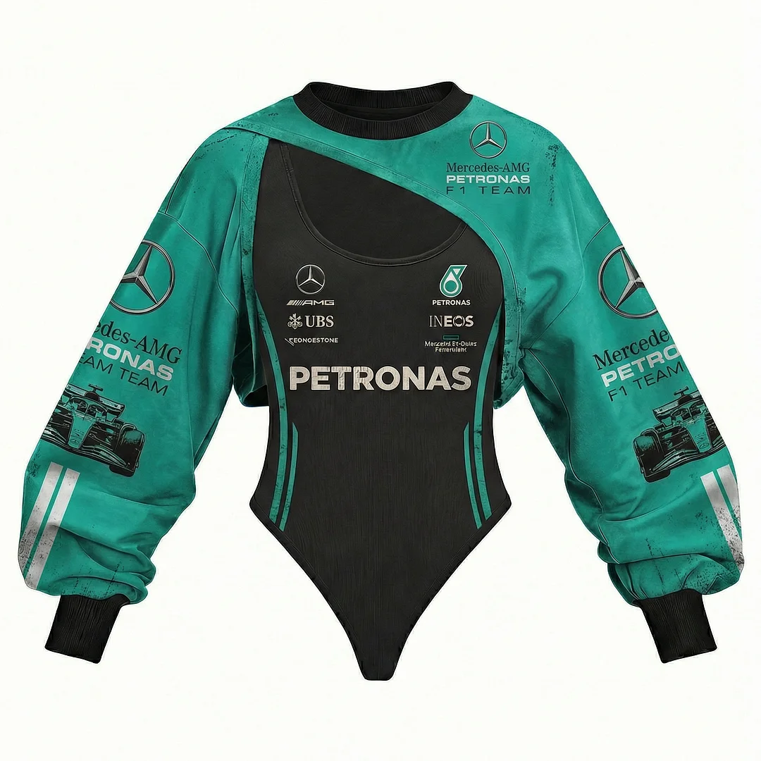 Women's Racing Team Logo Digitally Printed Tights Irregular Sweatshirt Set