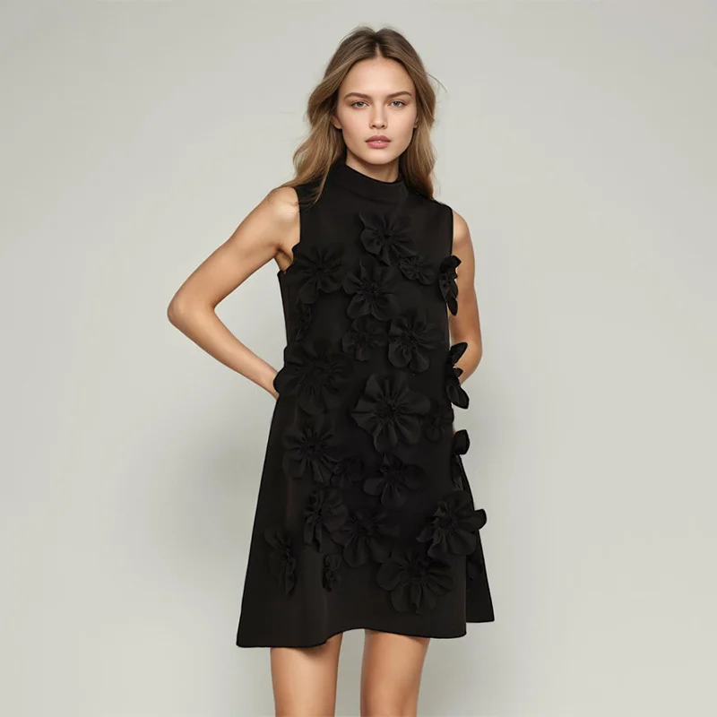 Zingj Fashion Temperament Dress Women 2025 Spring New Sleeveless Short Skirt Three-Dimensional Flowers Splicing High-End Skirt Women