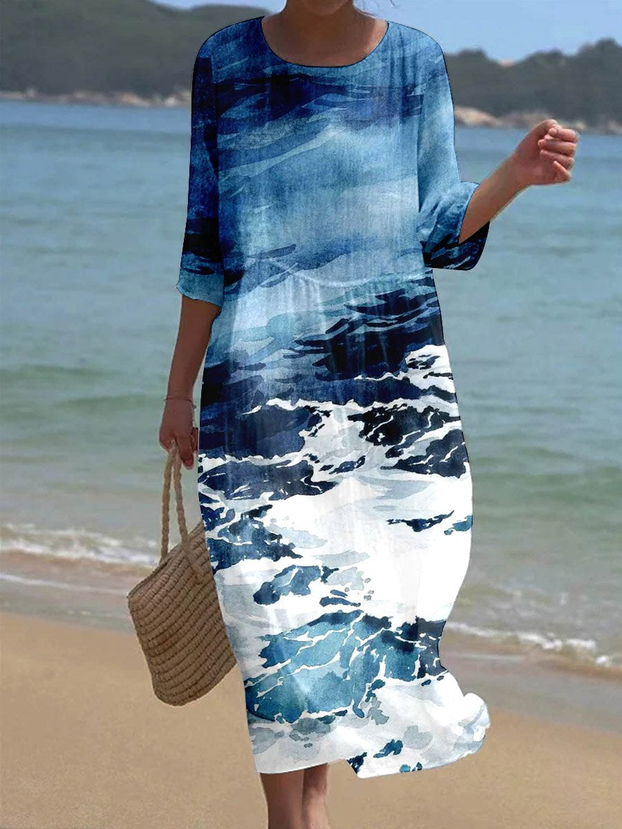 Women's Wave Watercolor Art Print Casual Dress