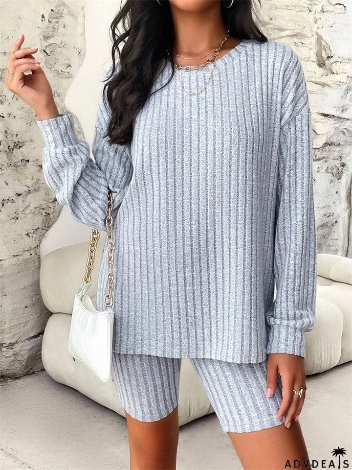 Female Pure Color Leisure Knitted Sweater + Shorts Two-piece Set