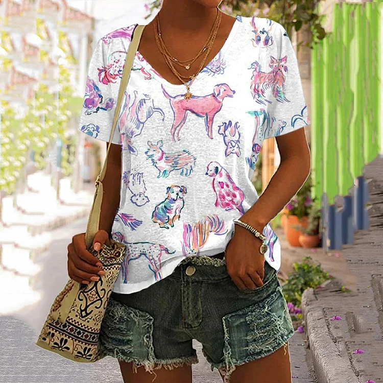 Women's Dogs Print V Neck T-Shirt