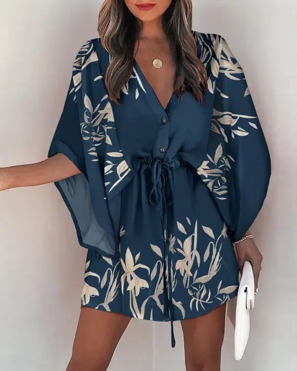 Fly-sleeve A-line Skirt V-neck Strappy Holiday Dress | EGEMISS
