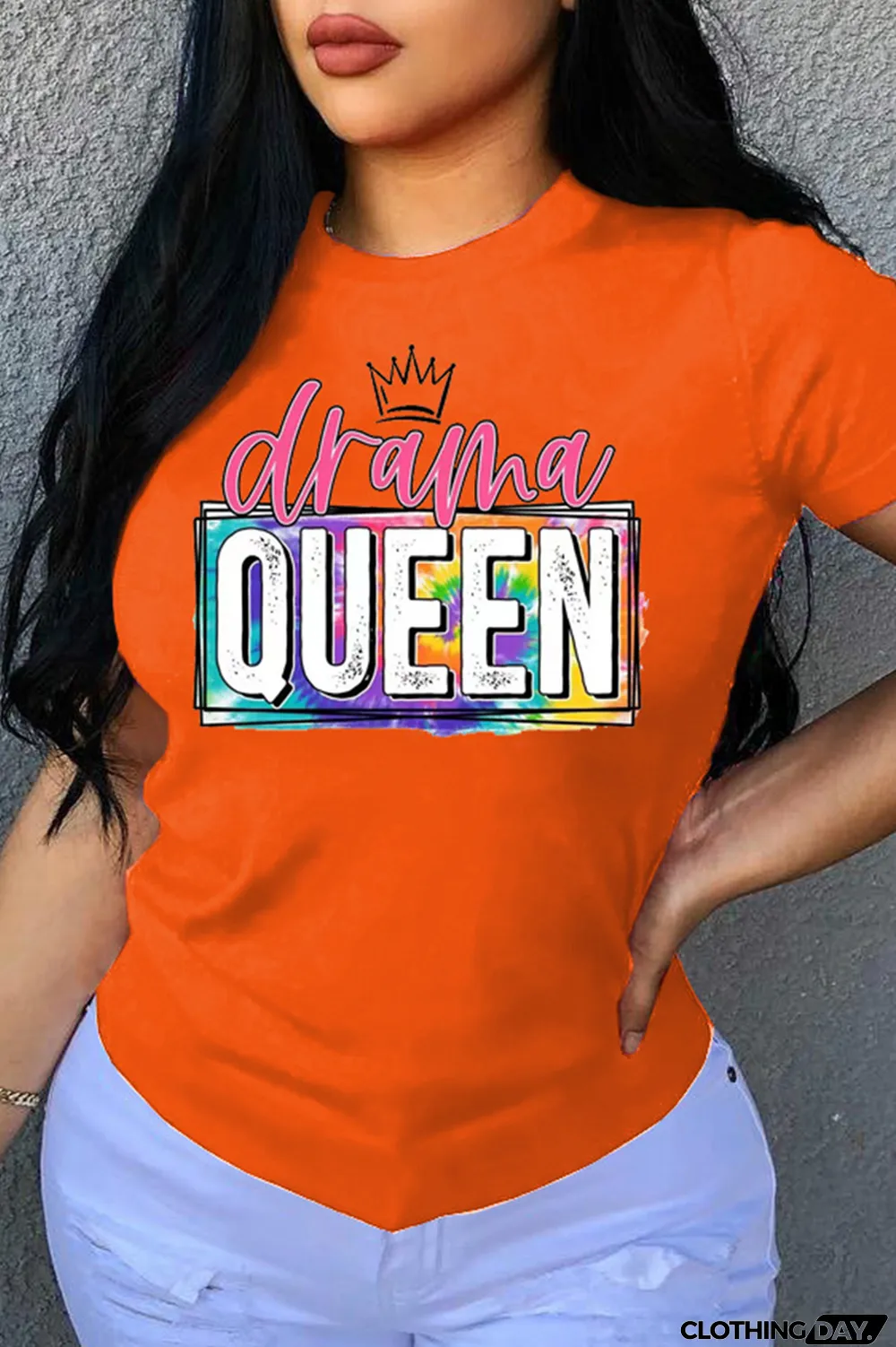 Orange Fashion Casual Letter Print Basic O Neck T-Shirts