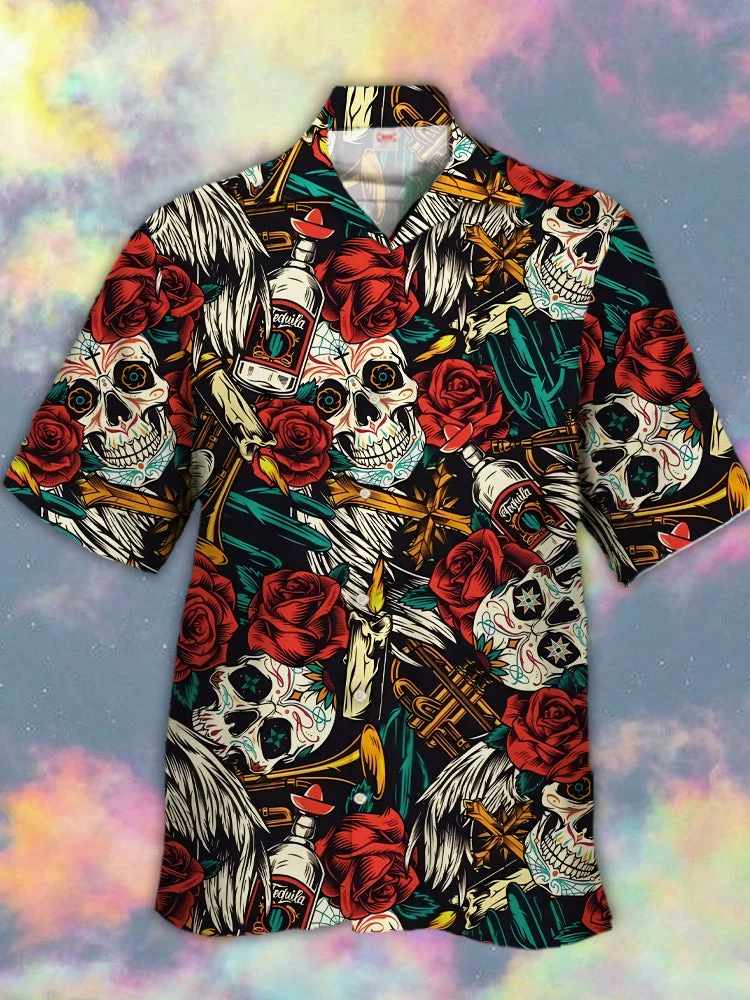 Eye-Catching Amazing Style Psychedelic Tropical Skull And Roses Printing Cuban Collar Hawaiian Short Sleeve Shirt BestDVibe
