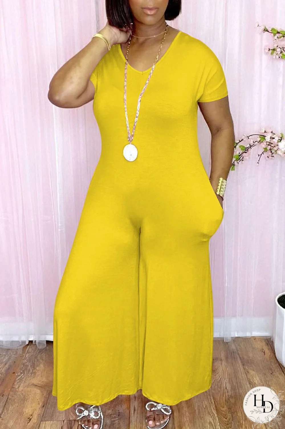 Yellow Casual Solid Split Joint V Neck Loose Jumpsuits