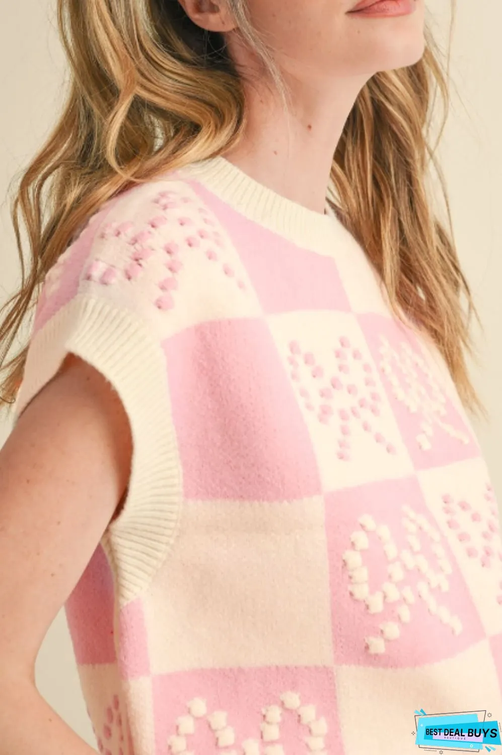 Bow Checkered Round Neck Sweater Vest