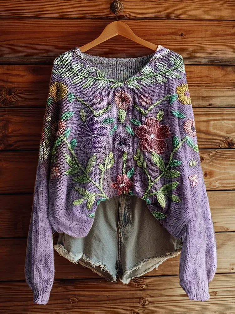 Women's Vintage Ethnic Floral Art Print Casual Pullover Sweater