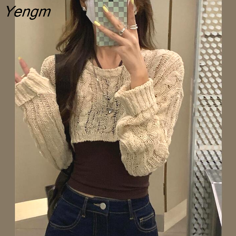 Yengm Sleeve T-shirts Women Autumn Sexy Sweet Solid Knitting Loose Students Cropped Casual All-match Harajuku Classy Mujer Design