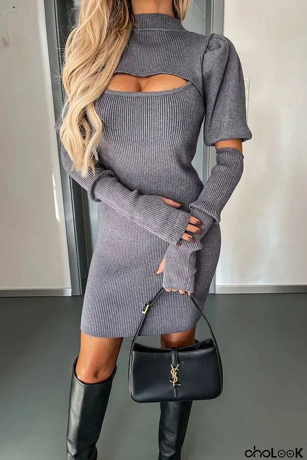 Best of Graph Knit Puff Sleeve Mitten Mock Neck Cutout Mini Dress